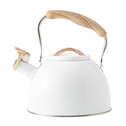 ApuaVireo&Co Teekessel for den Herd, 3,2 Quart Edelstahl-Teekanne mit ergonomischem, faltbarem Holzmaserungsgriff, lauter Pfeife for Tee, Kaffee, Milch(White) von ApuaVireo&Co