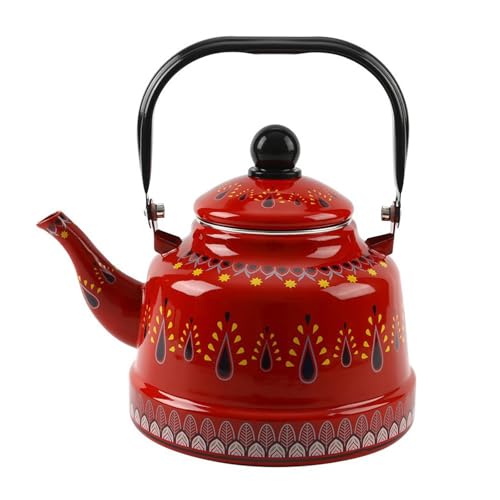 ApuaVireo&Co Wasserkocher for den Herd, 1, l, Emaille-Teekanne, rostfreier Emaille-Teekessel mit ergonomischem Metallgriff, Retro-Dekor, kein Pfeifen(Red) von ApuaVireo&Co