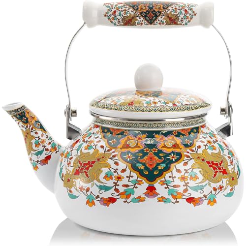ApuaVireo&Co Wasserkocher for den Herd, Blumen-Emaille-Tee – Emaillierte Teekanne Schnell aufheizende mit Cool-Touch-Porzellangriff for heißes Wasser kein Pfeifen(A) von ApuaVireo&Co