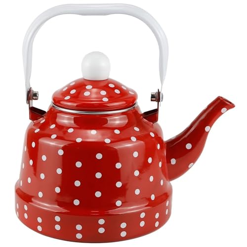 ApuaVireo&Co Wasserkocher for den Herd, Emaille-Tee mit gepunktetem Muster, Teekessel faltbarem Stahlgriff, kein Pfeifen(Red,1.7L) von ApuaVireo&Co
