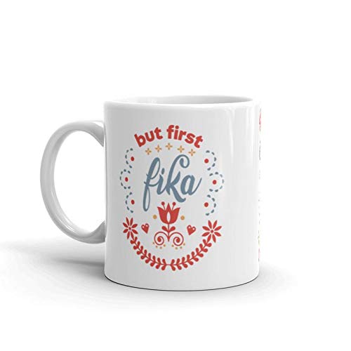 Apular Keramiktasse mit Aufschrift "But First Fika", schwedische Kaffeepause, 325 ml von Apular