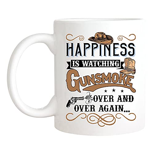 Keramik-Kaffeetasse mit Aufschrift "Happiness is Watching Gunsmoke Over And Over Again", 325 ml von Apular