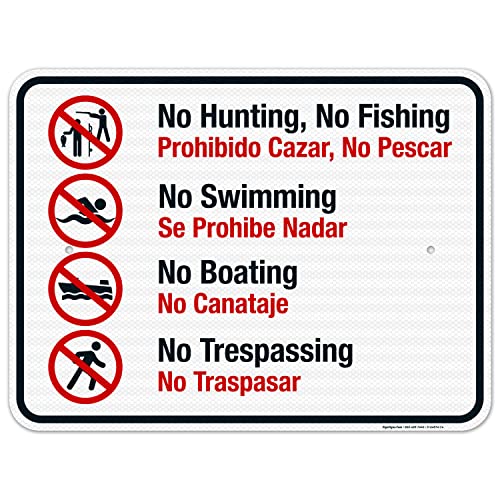 Metall-Blechschild, 20,3 x 30,5 cm, Aufschrift "No Hunting No Fishing No Swimming No Boating No Trespassing", zweisprachiges Schild, Heimdekoration, Wanddekoration, Geburtstagsgeschenk, Garten, Hof Metall-Blechschild, 20,3 x 30,5 cm, Aufschrift "No Hunting No Fishing No Swimming No Boating No Trespassing", zweisprachiges Schild, Heimdekoration, Wanddekoration, Geburtstagsgeschenk, Garten, Hof von Apular