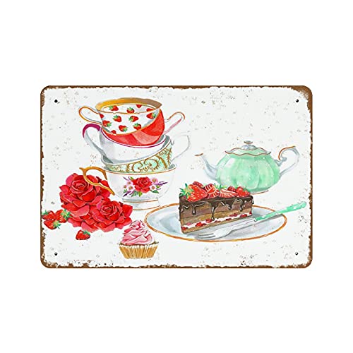 Tea Time Home Decor Küche Wandkunst Aquarell Teekanne Kunst Küche Dekor Bäckerei Schild Teetassen Foto Requisite Neuheit Retro Metall-Blechschild Plakette Bar Pub Club Cafe Home Decor Teller Wandkunst von Apular
