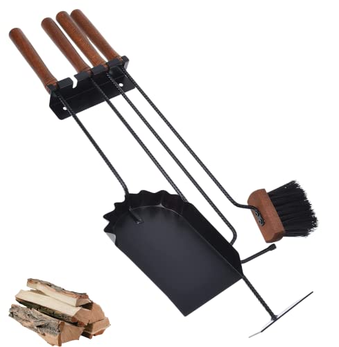 Aqbau® Kaminbesteck Schwarz Wandhängend 4 tlg SET - Kamingarnitur mit Ascheschaufel, Kaminzubehör Modern - Kamin Besteck - Kaminwerkzeug Schürhaken, Ofenbesteck, Kamin Set mit Schaufel von Aqbau