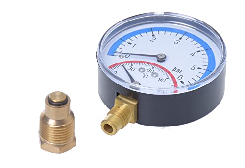 Aqbau® Thermo-Manometer 80 mm Radial 1/4"- 1/2" Temperatur Manometer Anschluss von unten (0-1,6 bar) von Aqbau