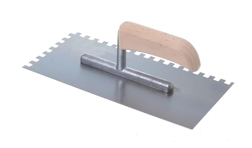 Aqbau® Zahnglättekelle 8x8 mm mit Holzgriff Glättekelle gezahnt Zahnkelle Fliesenkelle Gezahnte Rostfrei Traufel mit Zahnung 270 x 130 mm zum Verlegen von Fliesen von Aqbau