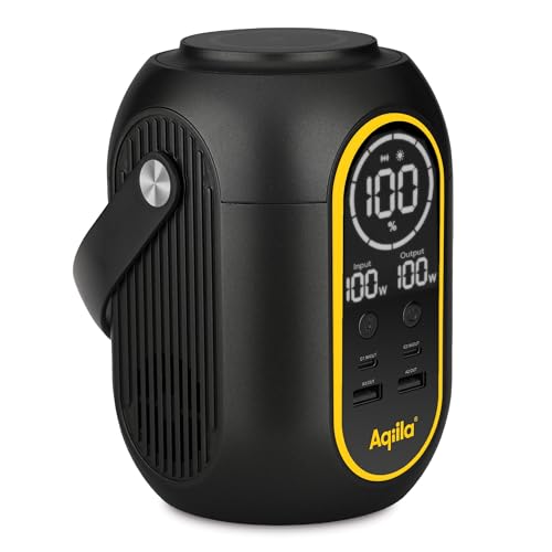 Aqiila Powerstation 200Wh, 140W, Powerbank 54000mAh, 2x USB-C, 2x USB-A, tragbare Powerstation, kabelloses Laden, 120 Lumen LED Licht, LCD-Display, Powerbird S140 Schwarz von Aqiila