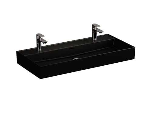 Aqua Bagno | Doppelwaschbecken in Schwarz-matt, Keramik Doppelwaschtisch, eckiges Aufsatzwaschbecken | 101 x 46 cm von Aqua Bagno