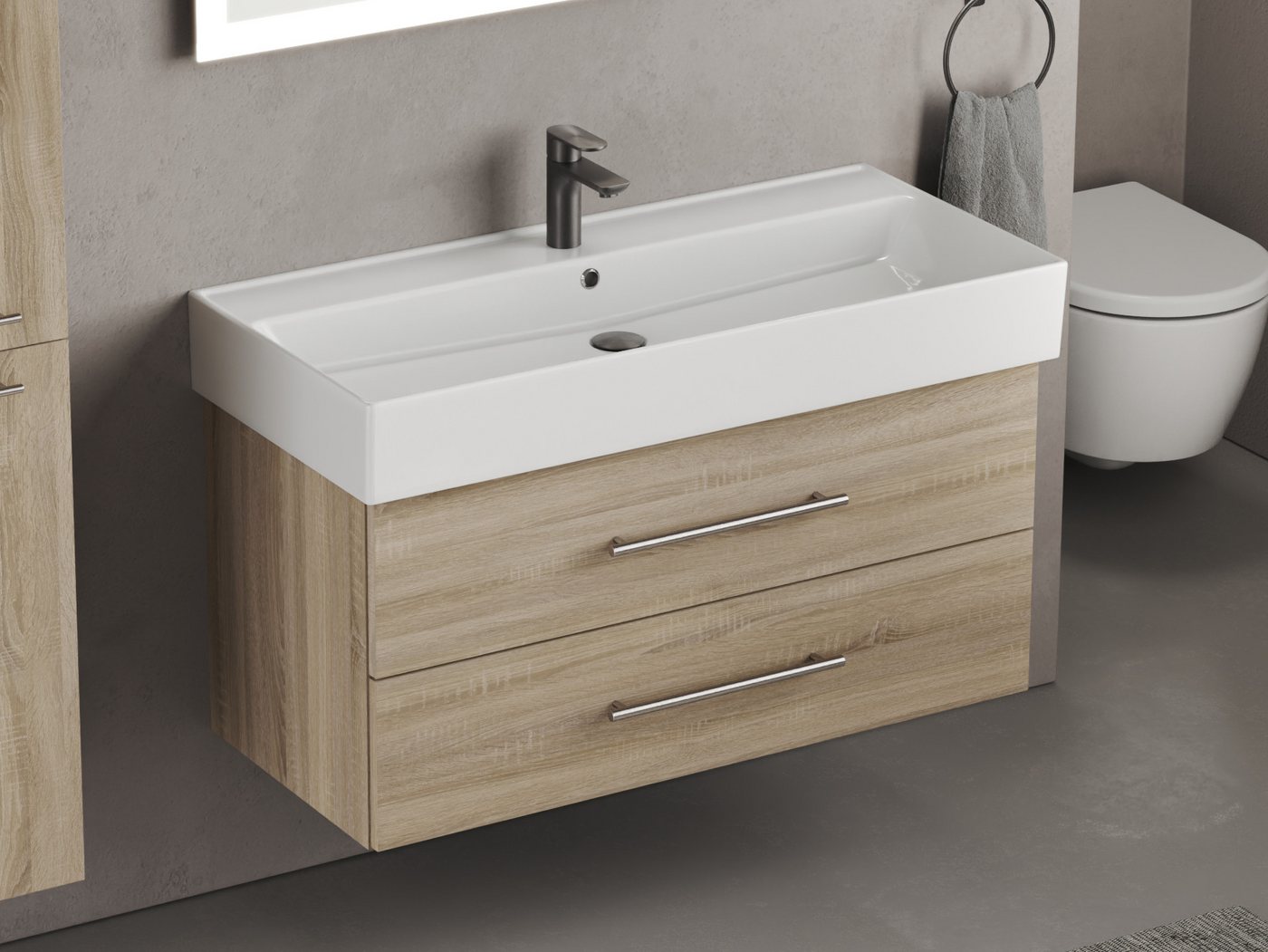 Aqua Bagno Badmöbel-Set Aqua Bagno Flex Badmöbel 100 cm Eiche Gold mit Keramikwaschbecken, (vormontiert, 2-St., Badmöbelschrank lackiert, Keramikwaschbecken), einfache Montage, Skandi von Aqua Bagno