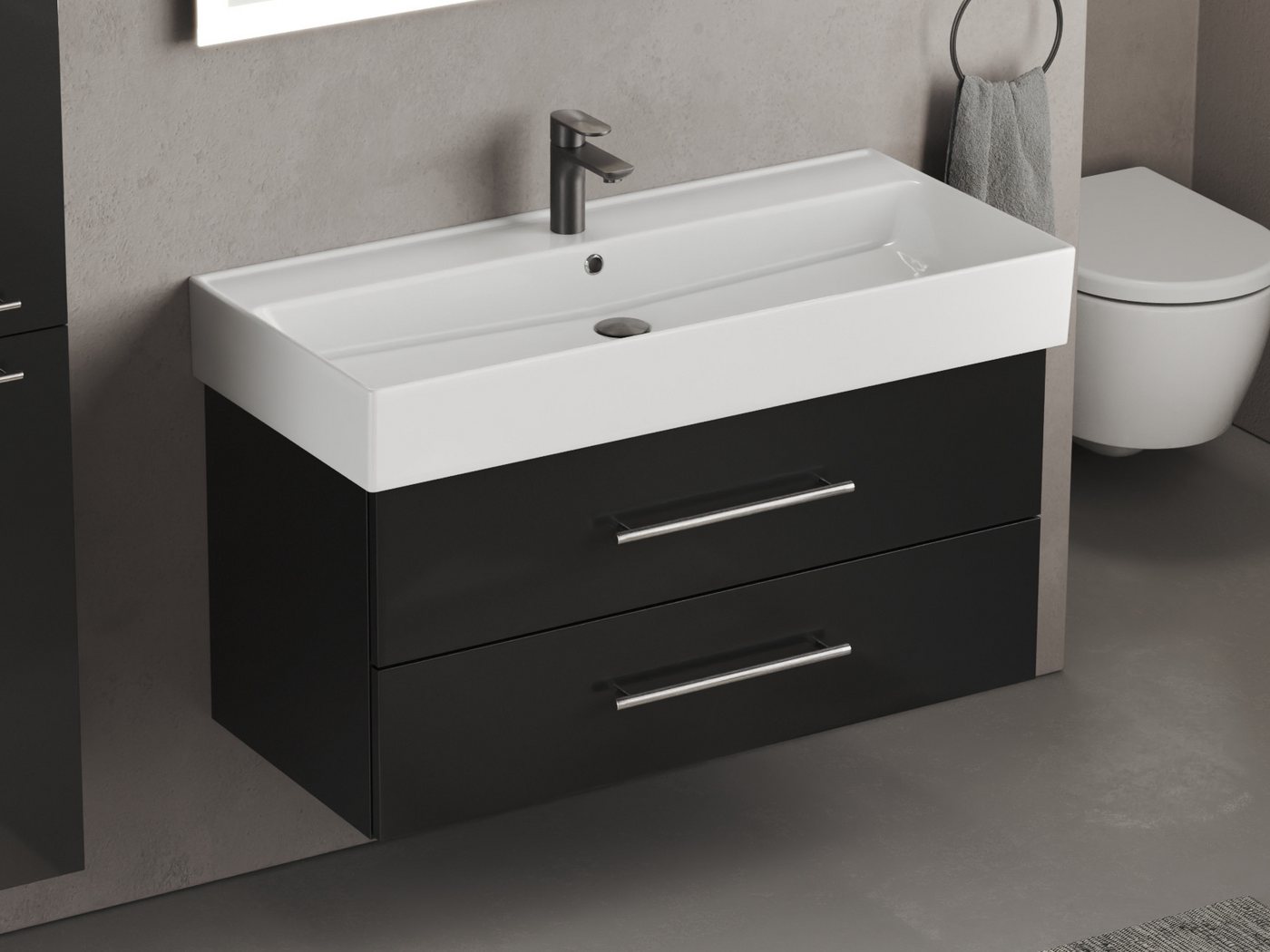 Aqua Bagno Badmöbel-Set Aqua Bagno Flex Badmöbel 100 cm Schwarz Hochglanz - Keramikwaschbecken, (vormontiert, 2-St., Badmöbelschrank lackiert, Keramikwaschbecken), einfache Montage, Skandi von Aqua Bagno