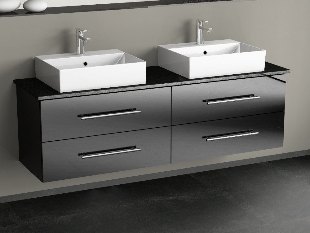 Aqua Bagno Badmöbel-Set Aqua Bagno Flex Badmöbel 160 cm Schwarz Hochglanz - Doppelwaschbecken, (5-St., Badmöbelschrank mit Trägerplatte, Waschbecken), einfache Montage von Aqua Bagno