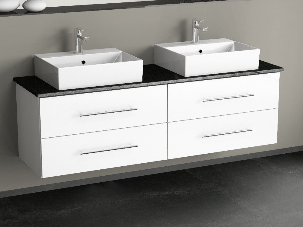 Aqua Bagno Badmöbel-Set Badmöbel-Set 160 cm Weiß Hochglanz mit Doppelwaschbecken & Steinplatte, (5-St., Badmöbelschrank mit Trägerplatte, Waschbecken) von Aqua Bagno