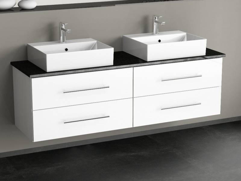 Aqua Bagno Badmöbel-Set Badmöbel-Set 160 cm Weiß Hochglanz mit Doppelwaschbecken & Steinplatte, (5-St., Badmöbelschrank mit Trägerplatte, Waschbecken) von Aqua Bagno