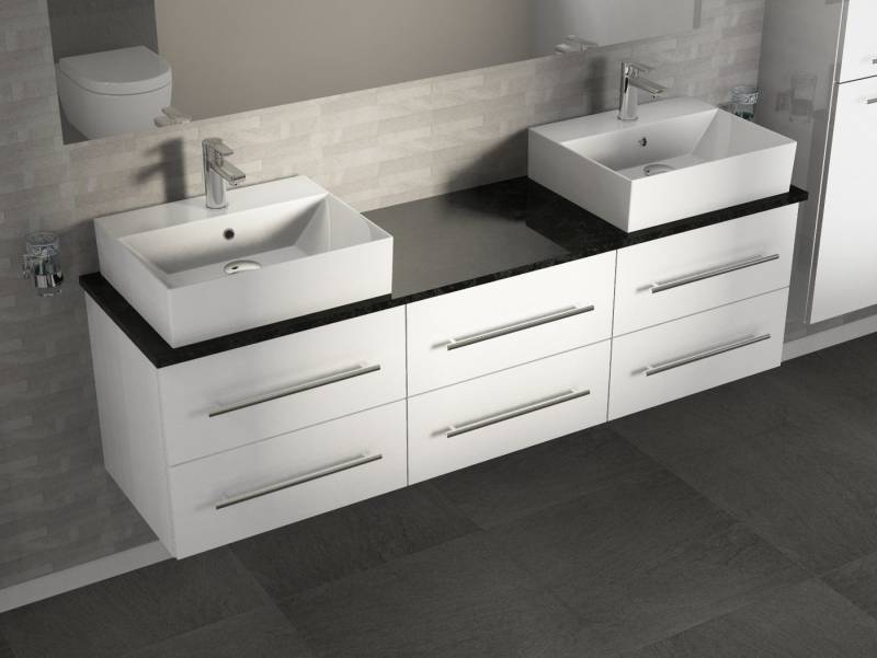 Aqua Bagno Badmöbel-Set Badmöbel-Set 173 cm Weiß Hochglanz mit Doppelwaschbecken & Naturstein, (6-St., Badmöbelschrank mit Trägerplatte, Waschbecken), einfache Montage von Aqua Bagno