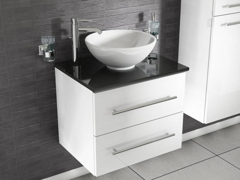 Aqua Bagno Badmöbel-Set Badmöbel-Set 60 cm Weiß Hochglanz mit Keramikbecken & Naturstein, (3-St., Badmöbelschrank mit Trägerplatte, Waschbecken), einfache Montage von Aqua Bagno