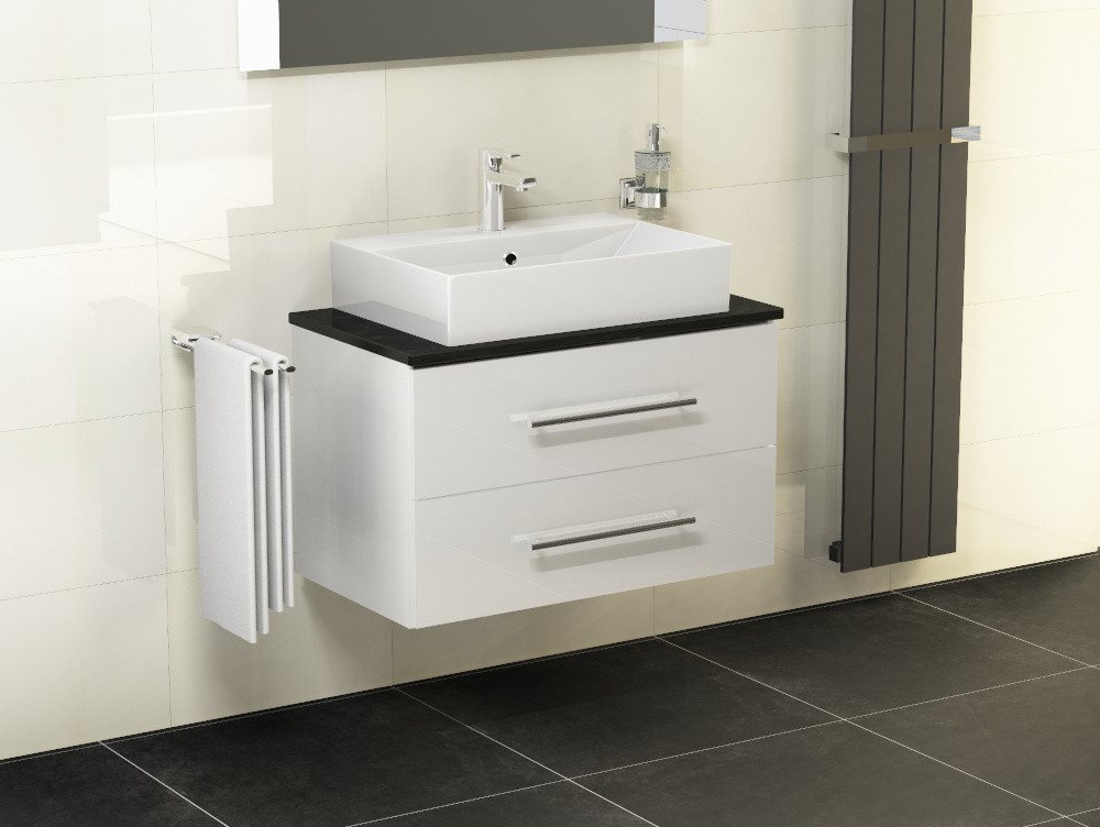 Aqua Bagno Badmöbel-Set Badmöbel-Set 80 cm Weiß Hochglanz mit Keramikwaschbecken & Naturstein, (3-St., Badmöbelschrank mit Trägerplatte, Waschbecken), einfache Montage von Aqua Bagno