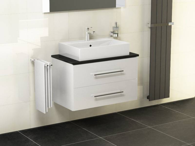 Aqua Bagno Badmöbel-Set Badmöbel-Set 80 cm Weiß Hochglanz mit Keramikwaschbecken & Naturstein, (3-St., Badmöbelschrank mit Trägerplatte, Waschbecken), einfache Montage von Aqua Bagno