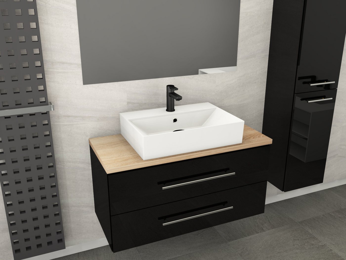 Aqua Bagno Badmöbel-Set Badmöbel-Set 80 cm Weiß Hochglanz mit Trägerplatte & Keramikbecken, (Badschrank vormontiert, 3-St., Badmöbelschrank mit Trägerplatte, Waschbecken), einfache Montage von Aqua Bagno