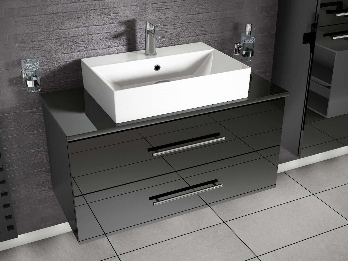 Aqua Bagno Badmöbel-Set Badmöbel-Set 80 cm in Weiß Hochglanz mit Eicheplatte & Rundbecken, (3-St., Badmöbelschrank mit Trägerplatte, Waschbecken), einfache Montage von Aqua Bagno