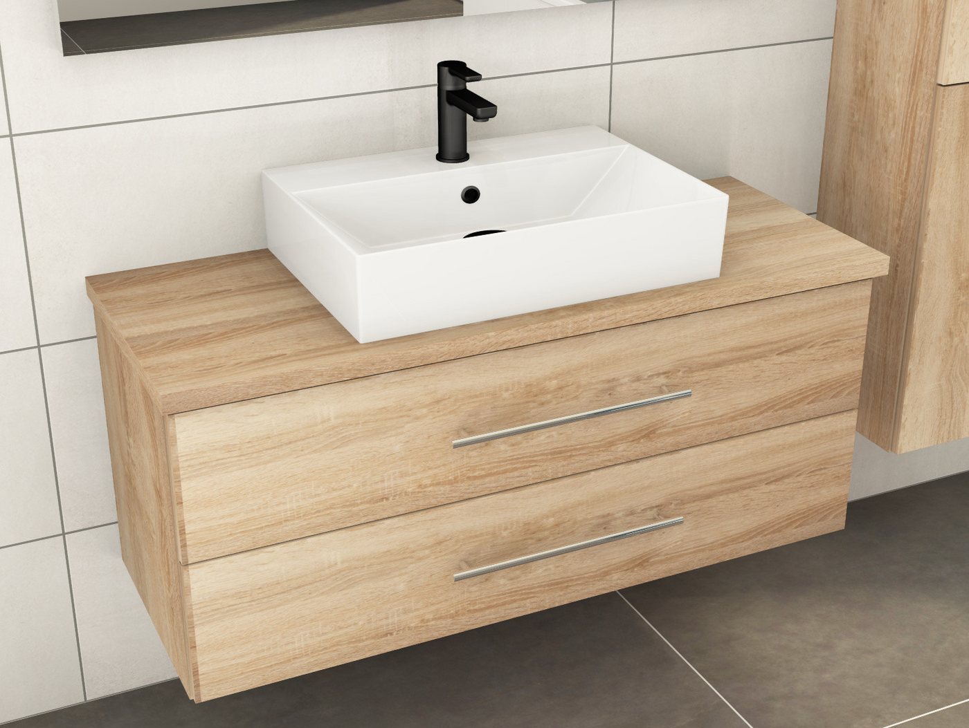 Aqua Bagno Badmöbel-Set Badmöbel-Set Flex 120 cm Eiche Gold 60cm Keramikbecken & Trägerlatte, (vormontiert, 3-St., Badmöbelschrank melaminbeschichtet, Trägerplatte, Keramikwaschbecken), einfache Montage, Skandi von Aqua Bagno