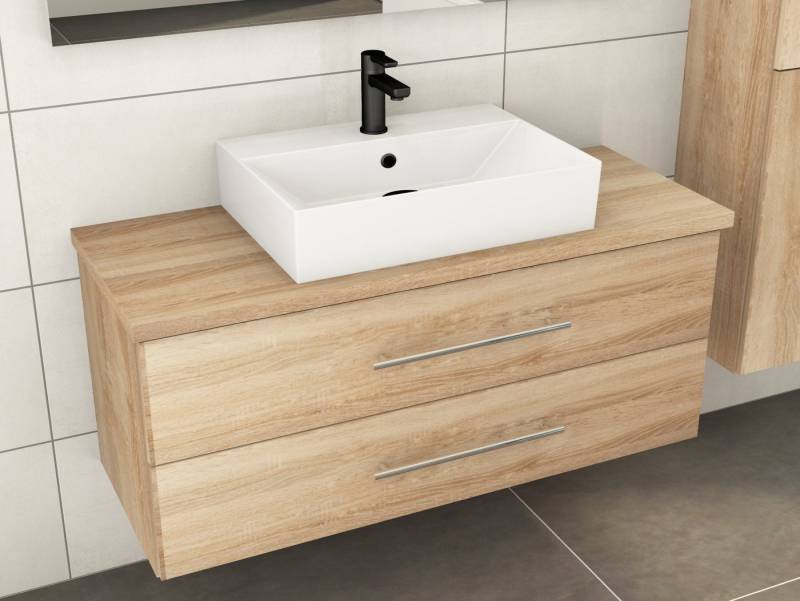 Aqua Bagno Badmöbel-Set Badmöbel-Set Flex 120 cm Eiche Gold 60cm Keramikbecken & Trägerlatte, (vormontiert, 3-St., Badmöbelschrank melaminbeschichtet, Trägerplatte, Keramikwaschbecken), einfache Montage, Skandi von Aqua Bagno