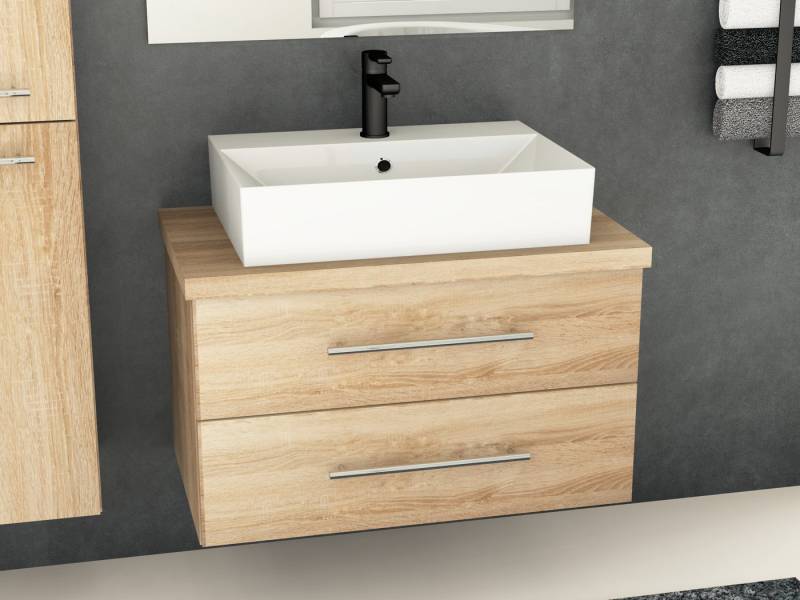 Aqua Bagno Badmöbel-Set Badmöbel-Set Flex 80 cm Eiche Gold 60cm Keramikbecken & Trägerlatte, (vormontiert, 3-St., Badmöbelschrank melaminbeschichtet, Trägerplatte, Keramikwaschbecken), einfache Montage, Skandi von Aqua Bagno
