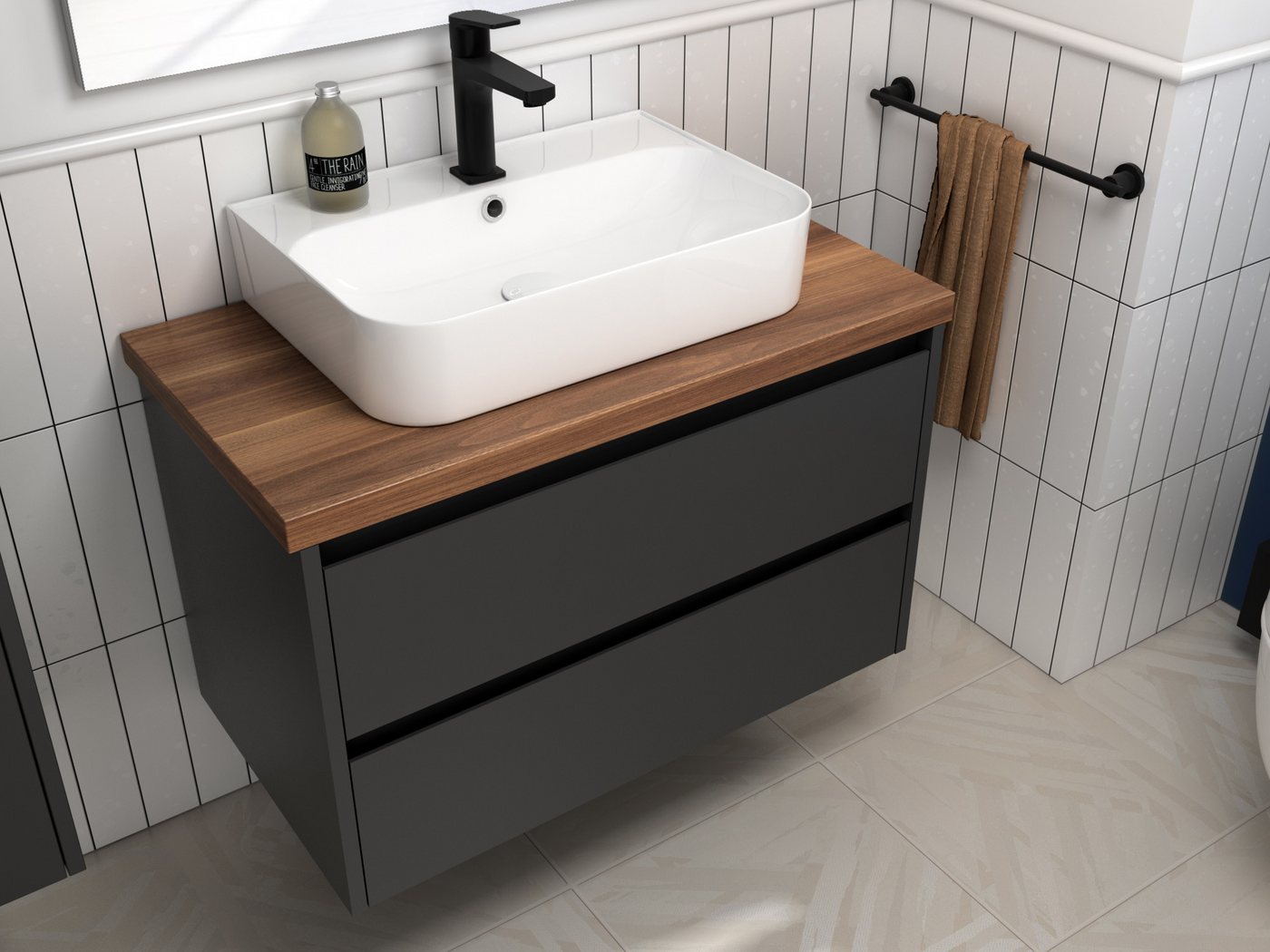 Aqua Bagno Badmöbel-Set Badschrank 80 cm anthrazit lackiert Waschbecken 2 Softclose Schubladen, (Badschrank vormontiert, 3-St., Badmöbelschrank mit Trägerplatte, Waschbecken), einfache Montage von Aqua Bagno