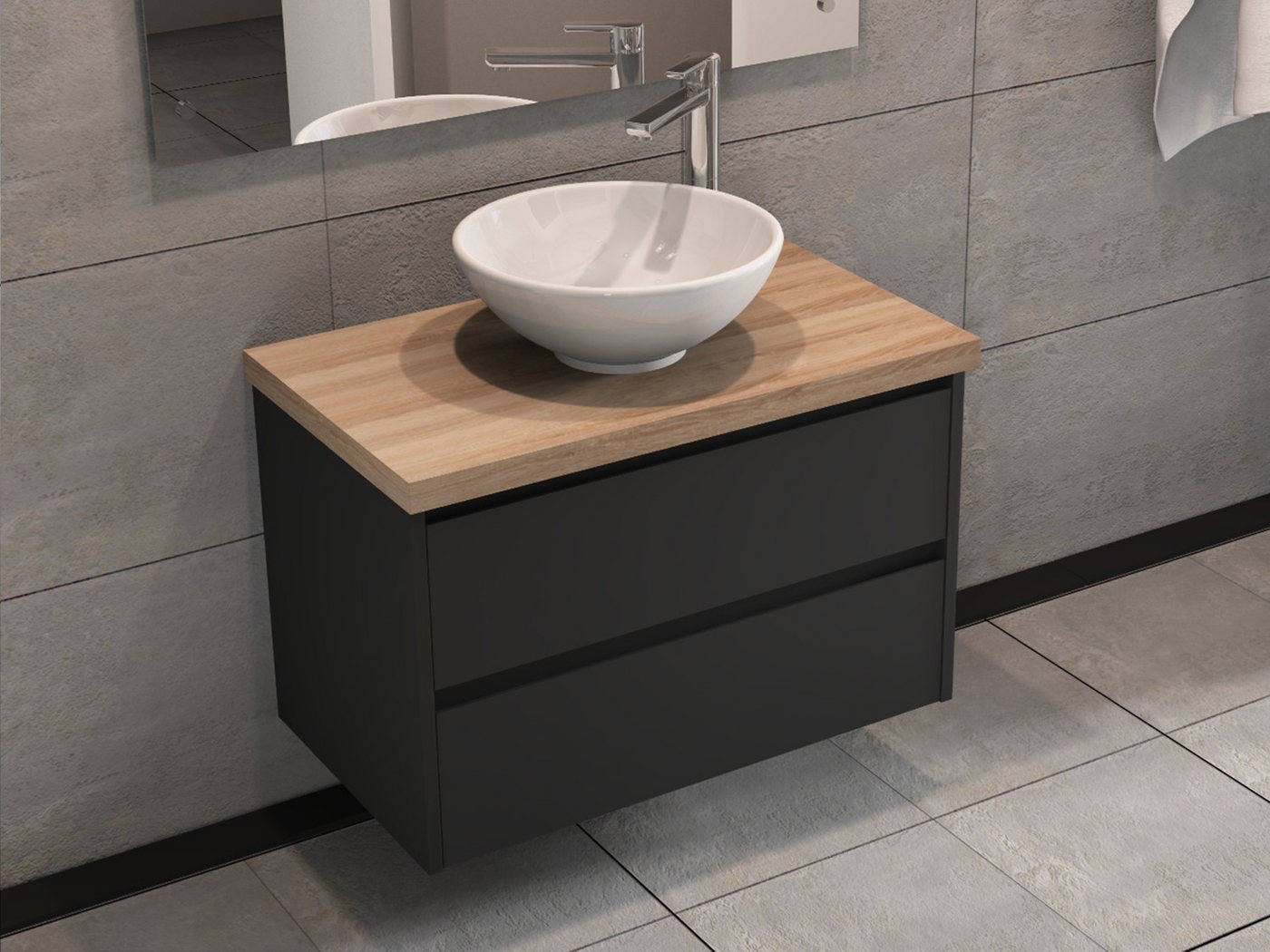 Aqua Bagno Badmöbel-Set Badschrank 80 cm mit Waschbecken, anthrazit lackiert, weiße Keramik, (Badschrank vormontiert, 3-St., Badmöbelschrank mit Trägerplatte, Waschschale), einfache Montage von Aqua Bagno