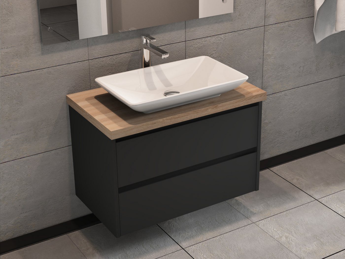 Aqua Bagno Badmöbel-Set Badschrank 80 cm mit Waschbecken, anthrazit lackiert, weiße Keramik, (Badschrank vormontiert, 3-St., Badmöbelschrank mit Trägerplatte, Waschschale), einfache Montage von Aqua Bagno