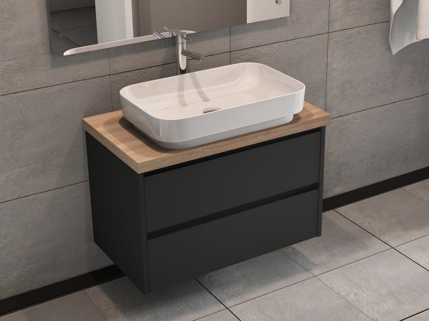 Aqua Bagno Badmöbel-Set Badschrank 80 cm mit Waschbecken, anthrazit lackiert, weiße Keramik, (Badschrank vormontiert, 3-St., Badmöbelschrank mit Trägerplatte, Waschtisch), einfache Montage von Aqua Bagno