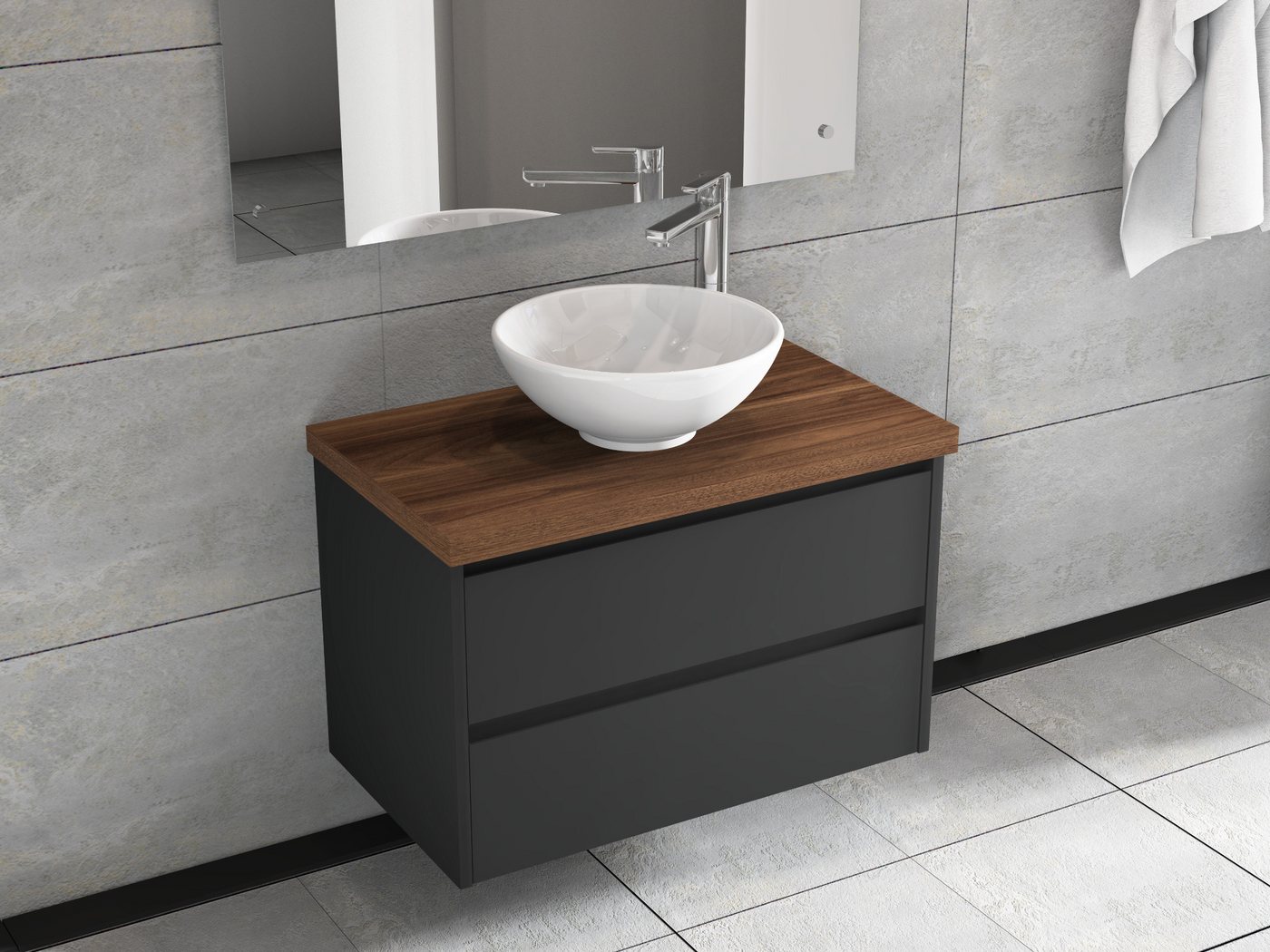 Aqua Bagno Badmöbel-Set Badschrank 80cm mit Waschbecken rund, anthrazit matt lackiert, Keramik, (Badschrank vormontiert, 3-St., Badmöbelschrank mit Trägerplatte, Waschschale), einfache Montage von Aqua Bagno