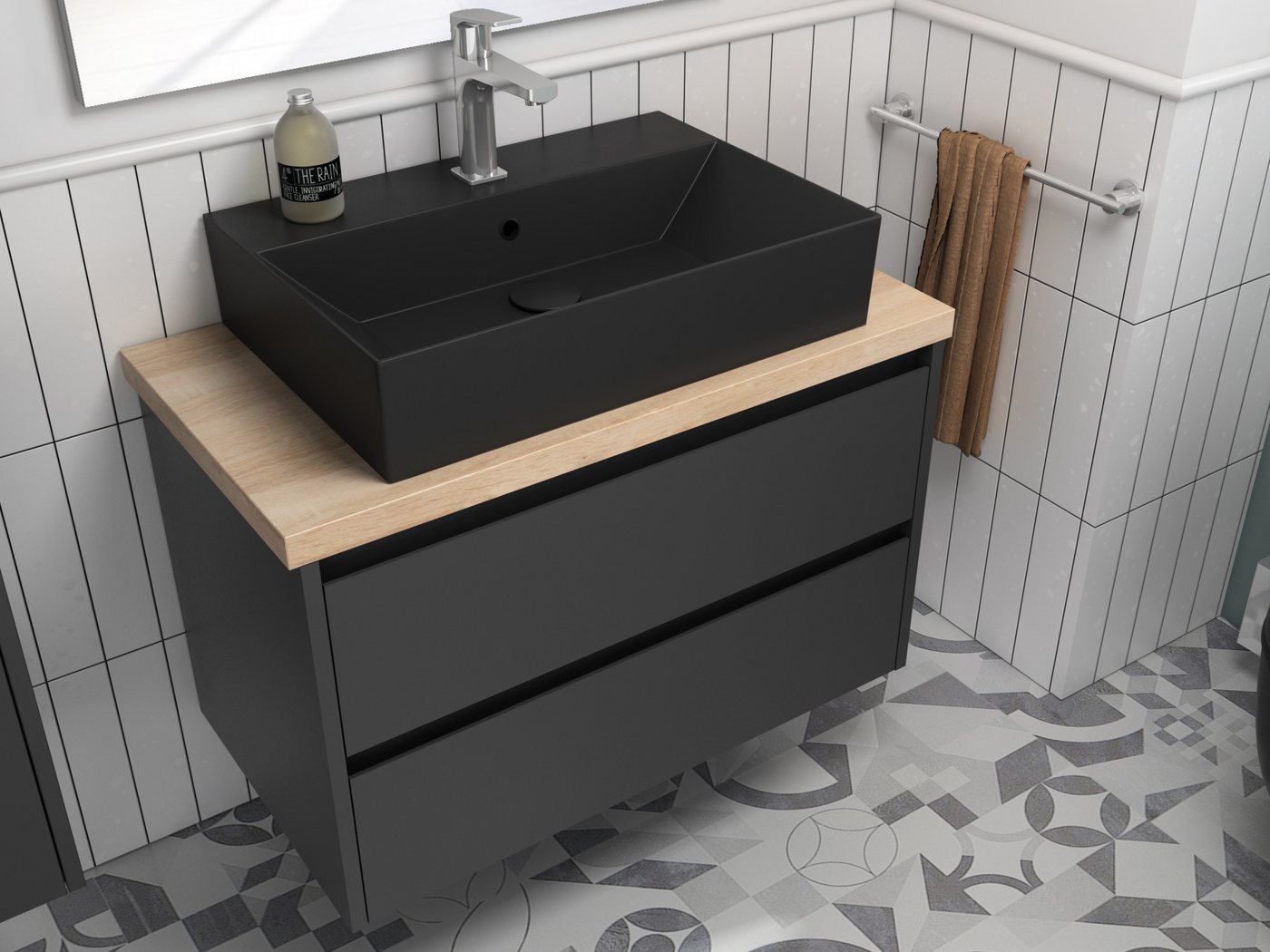 Aqua Bagno Badmöbel-Set Badschrank 80cm mit matt schwarzem Waschbecken, anthrazit lackiert, (Badschrank vormontiert, 3-St., Badmöbelschrank mit Trägerplatte, Waschbecken), einfache Montage von Aqua Bagno