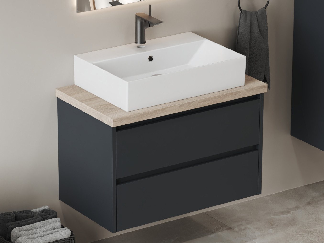 Aqua Bagno Badmöbel-Set Badschrank mit Waschbecken, anthrazit matt lackiert, Keramikwaschtisch, (Badschrank vormontiert, 3-St., Badmöbelschrank mit Trägerplatte, Waschbecken), einfache Montage von Aqua Bagno