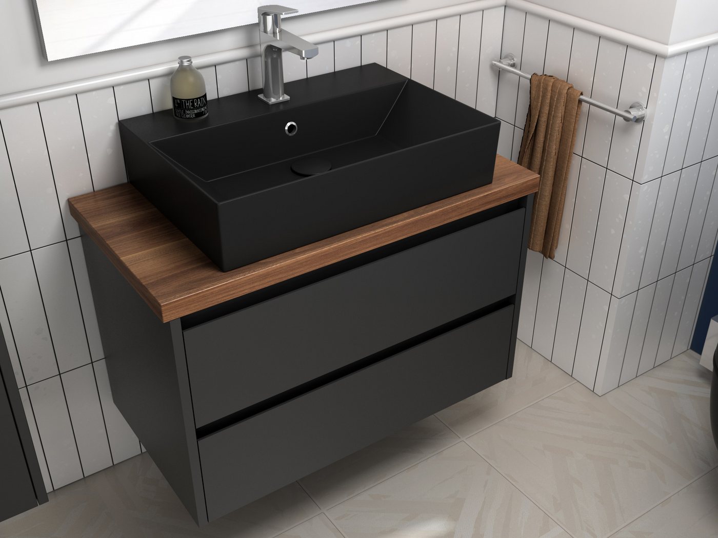 Aqua Bagno Badmöbel-Set Badschrank mit Waschbecken, anthrazit matt lackiert,schwarze Keramik, (Badschrank vormontiert, 3-St., Badmöbelschrank mit Trägerplatte, Waschbecken), einfache Montage von Aqua Bagno