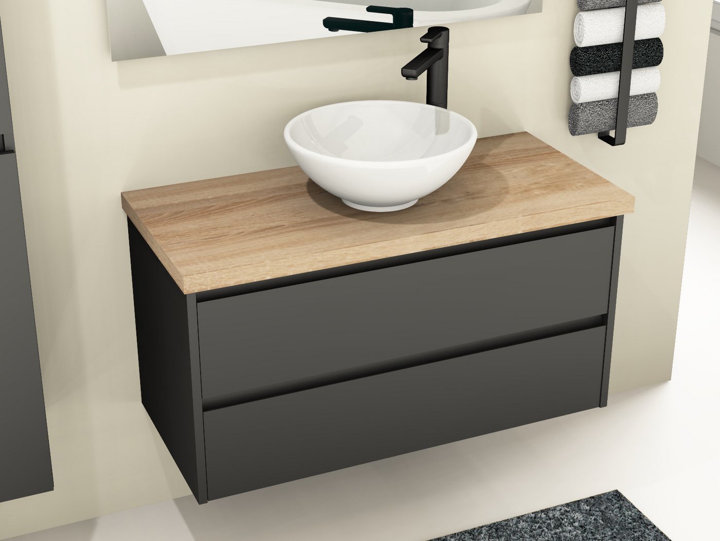 Aqua Bagno Badmöbel-Set Duo Badmöbel 100 cm Anthrazit Matt Lackiert mit Trägerplatte & Becken, (Badschrank vormontiert, 3-St., Badmöbelschrank mit Trägerplatte, Waschbecken), einfache Montage von Aqua Bagno