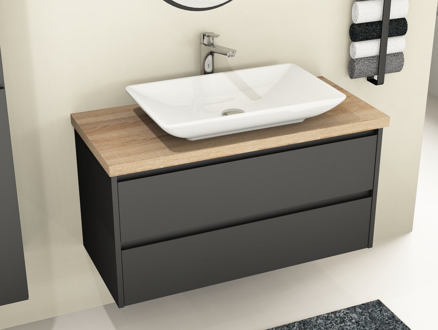 Aqua Bagno Badmöbel-Set Duo Badmöbel 100 cm Anthrazit Matt Lackiert mit Trägerplatte & Keramik, (Badschrank vormontiert, 3-St., Badmöbelschrank mit Trägerplatte, Waschbecken), einfache montage von Aqua Bagno