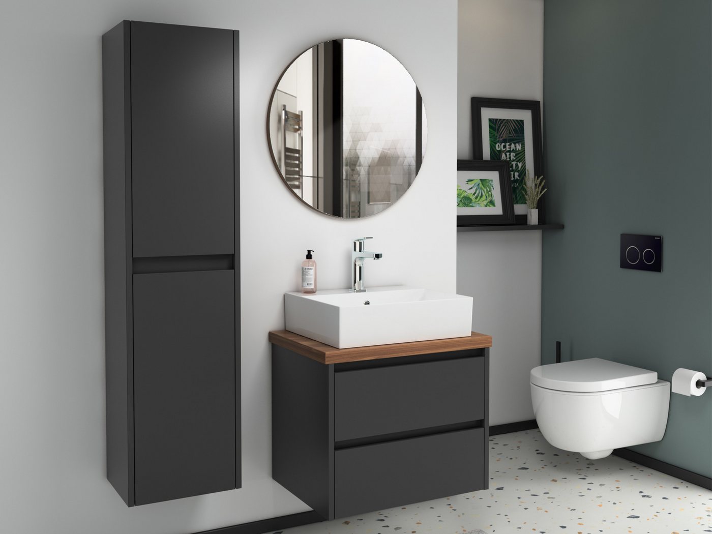 Aqua Bagno Badmöbel-Set Duo Badmöbel 60 cm – Anthrazit Matt Lackiert mit Keramik Waschbecken, (Badschrank vormontiert, 3-St., Badmöbelschrank mit Trägerplatte, Waschbecken), einfache Montage von Aqua Bagno