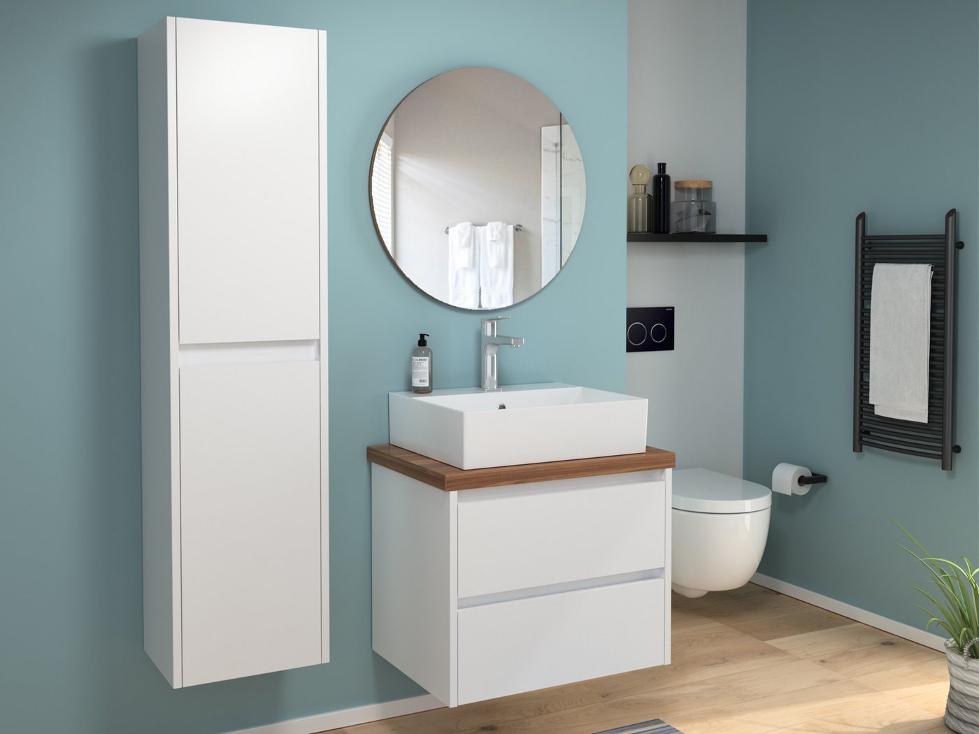 Aqua Bagno Badmöbel-Set Duo Badmöbel 60 cm Weiß Hochglanz Lackiert mit Trägerplatte & Keramik, (Badschrank vormontiert, 3-St., Unterschrank hochglanzlackiert, Trägerplatte melaminbeschichtet), einfache Monatge von Aqua Bagno