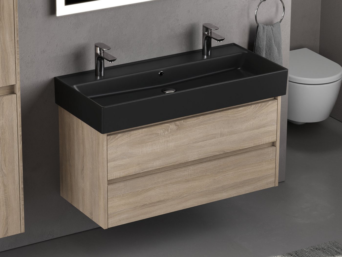 Aqua Bagno Badmöbel-Set Duo Waschplatz 100 cm Doppelwaschtisch MDF Eiche Gold 2 Schubladen, (vormontiert, 2-St., Badmöbelschrank melaminbeschichtet, Keramikwaschbecken schwarz), einfache Montage, Badschrank von Aqua Bagno