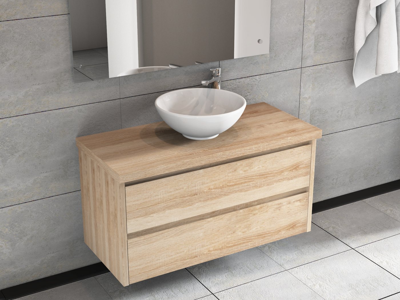 Aqua Bagno Badmöbel-Set Duo Waschplatz 100 cm Keramikbecken MDF Eiche Gold Soft-Close, (vormontiert, 3-St., Badmöbelschrank lackiert, Trägerplatte, Keramikwaschbecken), einfache Montage, Badschrank von Aqua Bagno