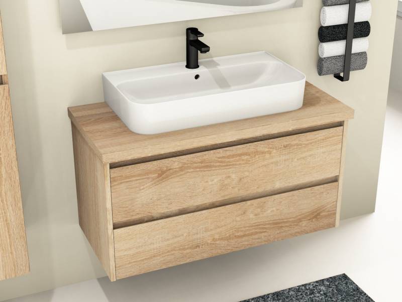 Aqua Bagno Badmöbel-Set Duo Waschplatz 100 cm Keramikbecken MDF Eiche Gold Soft-Close Badmöbel, (vormontiert, 3-St., Badmöbelschrank lackiert, Trägerplatte, Keramikwaschbecken) von Aqua Bagno
