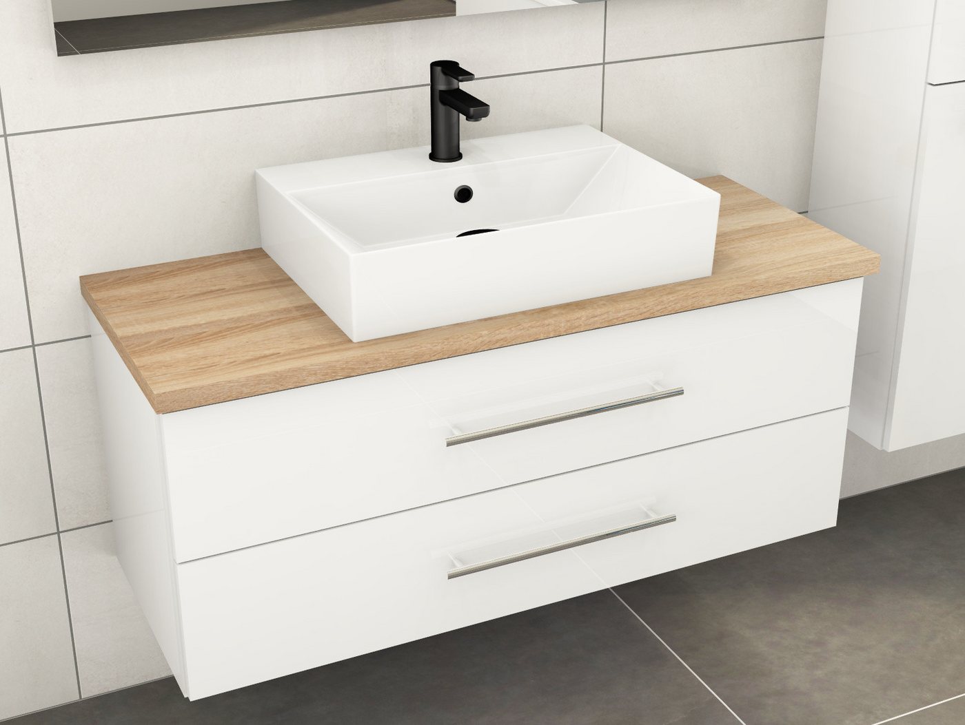 Aqua Bagno Badmöbel-Set Flex Badmöbel 120 cm, Keramik-Waschtisch, Eiche Gold/Weiß Hochglanz, (vormontiert, 3-St., Badmöbelschrank lackiert, Trägerplatte, Keramikwaschbecken), einfache Montage, Skandi von Aqua Bagno