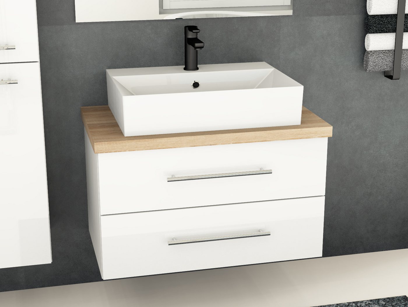 Aqua Bagno Badmöbel-Set Flex Badmöbel 80 cm, Weiß Hochglanz, Keramikbecken, Eiche-Platte, (vormontiert, 3-St., Badmöbelschrank lackiert, Trägerplatte, Keramikwaschbecken), einfache Montage, Skandi von Aqua Bagno