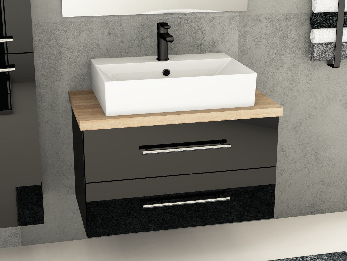 Aqua Bagno Badmöbel-Set Flex Badmöbel 80 cm Schwarz Hochglanz mit Keramikwaschbecken KS.60, (Badschrank vormontiert, 3-St., Badmöbelschrank mit Trägerplatte, Waschbecken), einfache Montage von Aqua Bagno