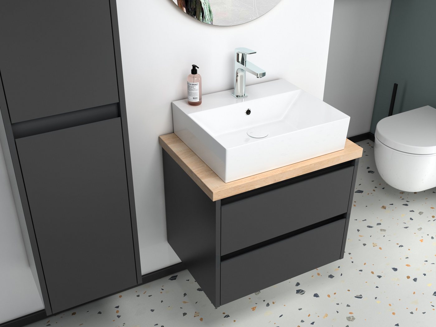 Aqua Bagno Badmöbel-Set Unterschrank mit Waschtisch Anthrazit Matt Lackiert Badschrank, (vormontiert, 3-St., Badmöbelschrank lackiert, Trägerplatte, Keramikwaschbecken), einfache Montage, modern von Aqua Bagno