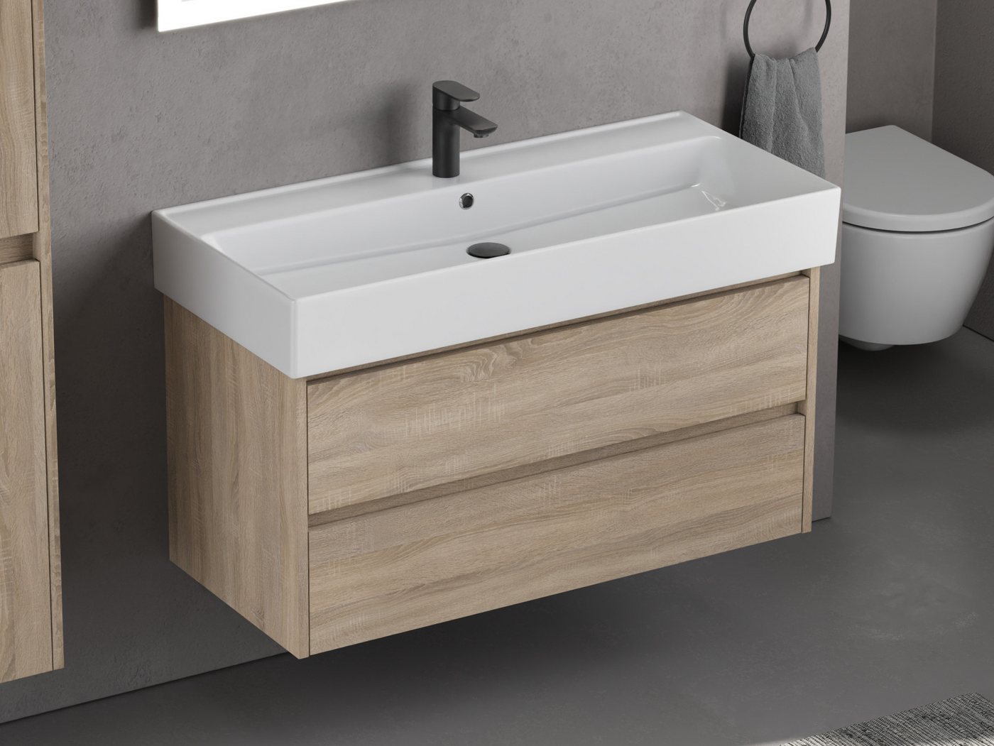 Aqua Bagno Badmöbel-Set Unterschrank mit Waschtisch in Eiche Gold 100 cm Keramikwaschbecken, (vormontiert, 2-St., Badmöbelschrank melaminbeschichtet, Keramikwaschbecken), einfache Montage von Aqua Bagno