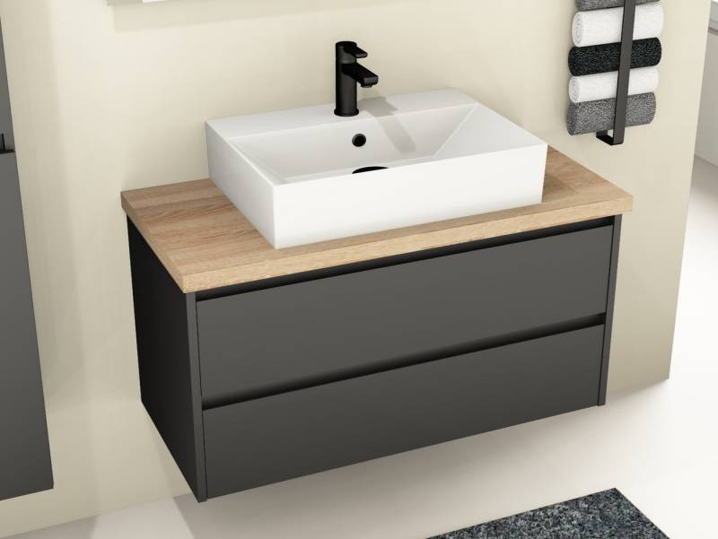 Aqua Bagno Badmöbel-Set Waschplatz 100 cm Keramikbecken MDF Eiche Gold Soft-Close Schubladen, (vormontiert, 3-St., Badmöbelschrank lackiert, Trägerplatte, Keramikwaschbecken) von Aqua Bagno