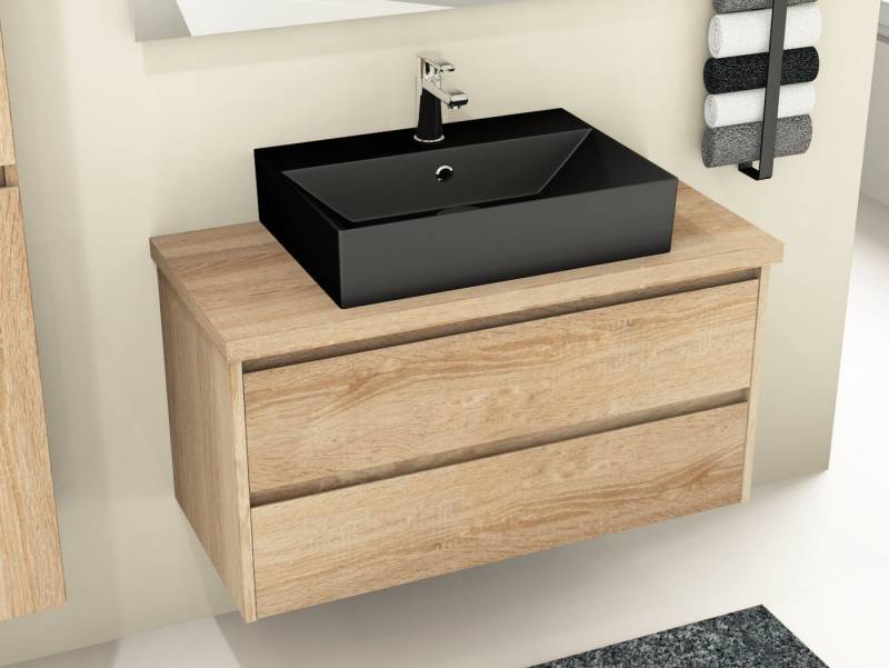 Aqua Bagno Badmöbel-Set Waschplatz Eiche Gold 100cm schwarzes Waschbecken Softclose Schubladen, (vormontiert, 3-St., Badmöbelschrank melaminbeschichtet, Trägerplatte, Keramikwaschbecken), einfache Montage, Badschrank von Aqua Bagno