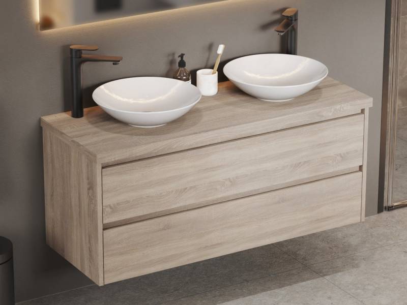 Aqua Bagno Badmöbel-Set mit 2 Waschbecken Doppelwaschtisch Badschrank hängend 120cm, (Set, 1-St., aus 3 Teilen (Unterschrank, Trägerplatte und Aufsetzwaschbecken), Zwei Vollauszugschubladen mit Softclose Funktion von Aqua Bagno